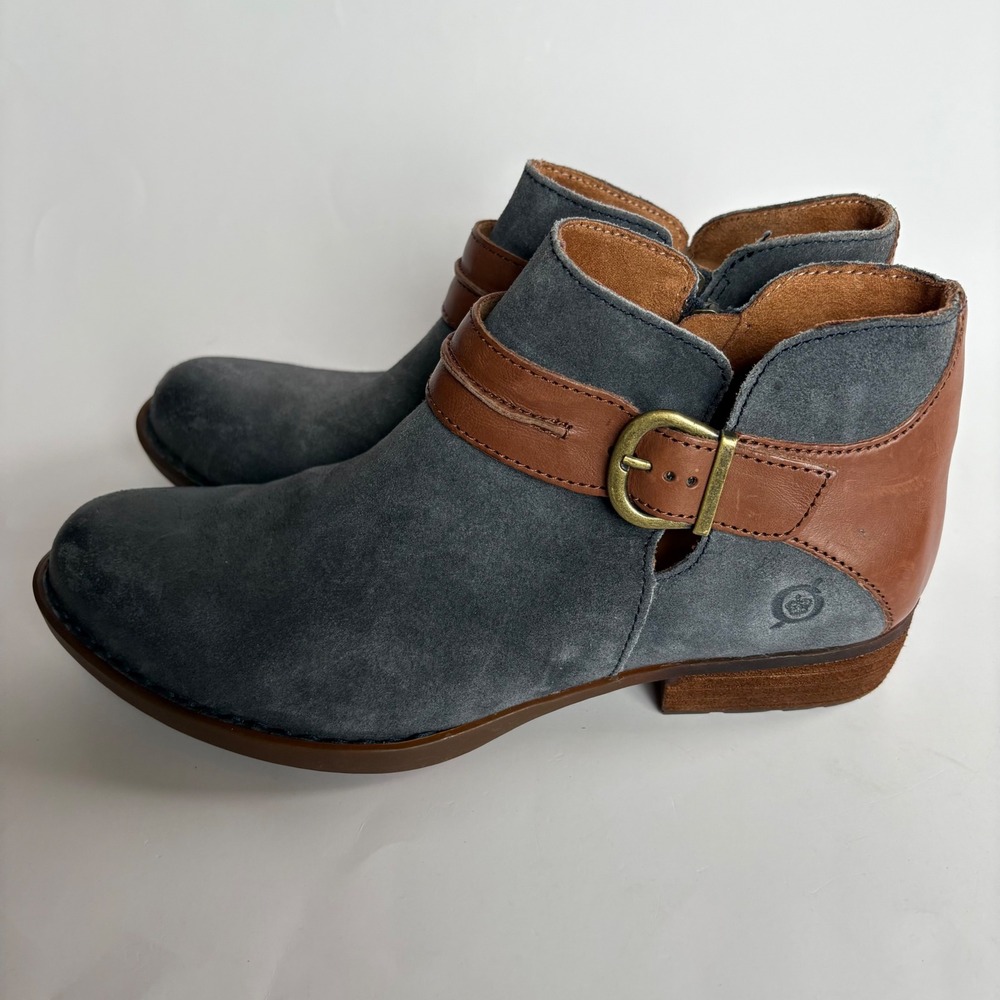 Born Kati Ankle Boots Womens 8 Blue Grey Suede Brown Leather Buckle Booties - Picture 7 of 12